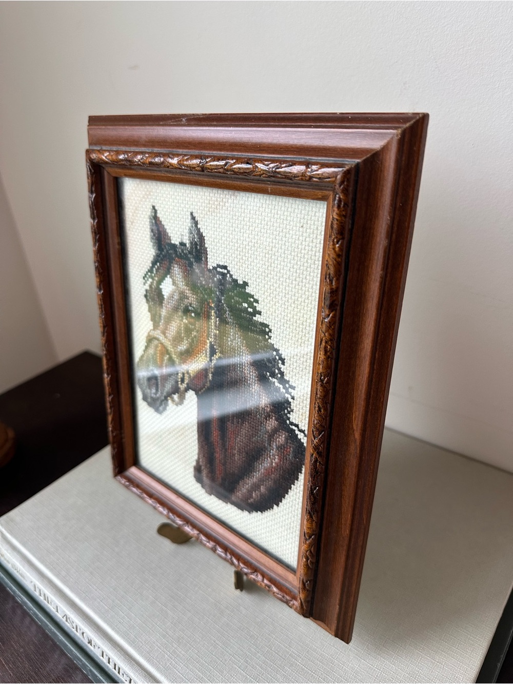 Vintage Framed Horse Needlepoint Wall Art Equestrian Needlework Folk Art Decor - Picture 7 of 8